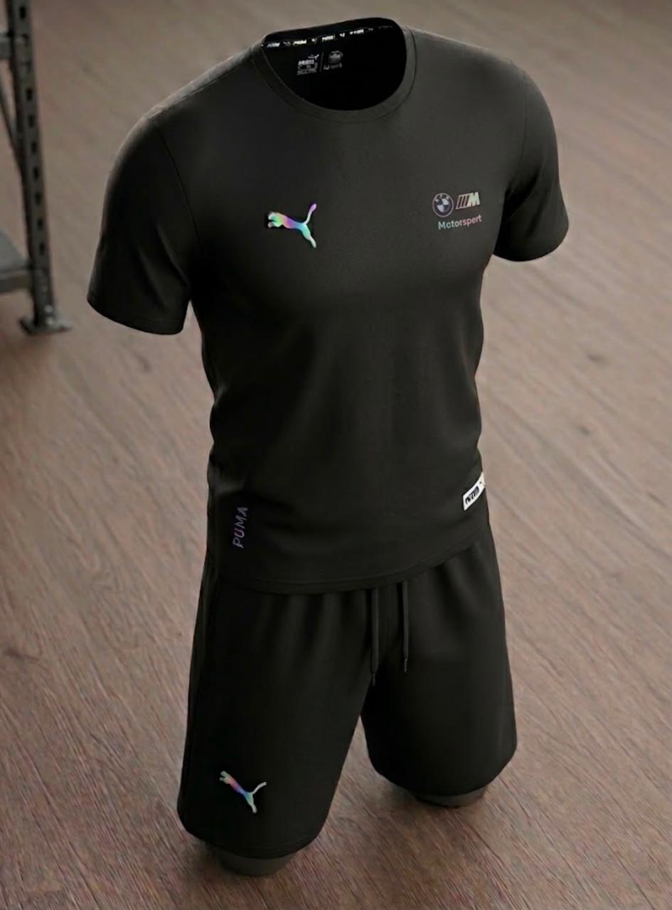 Conjunto Puma BMW Motorsport Camiseta + Pantaloneta – Negro / Multicolor Iridiscente