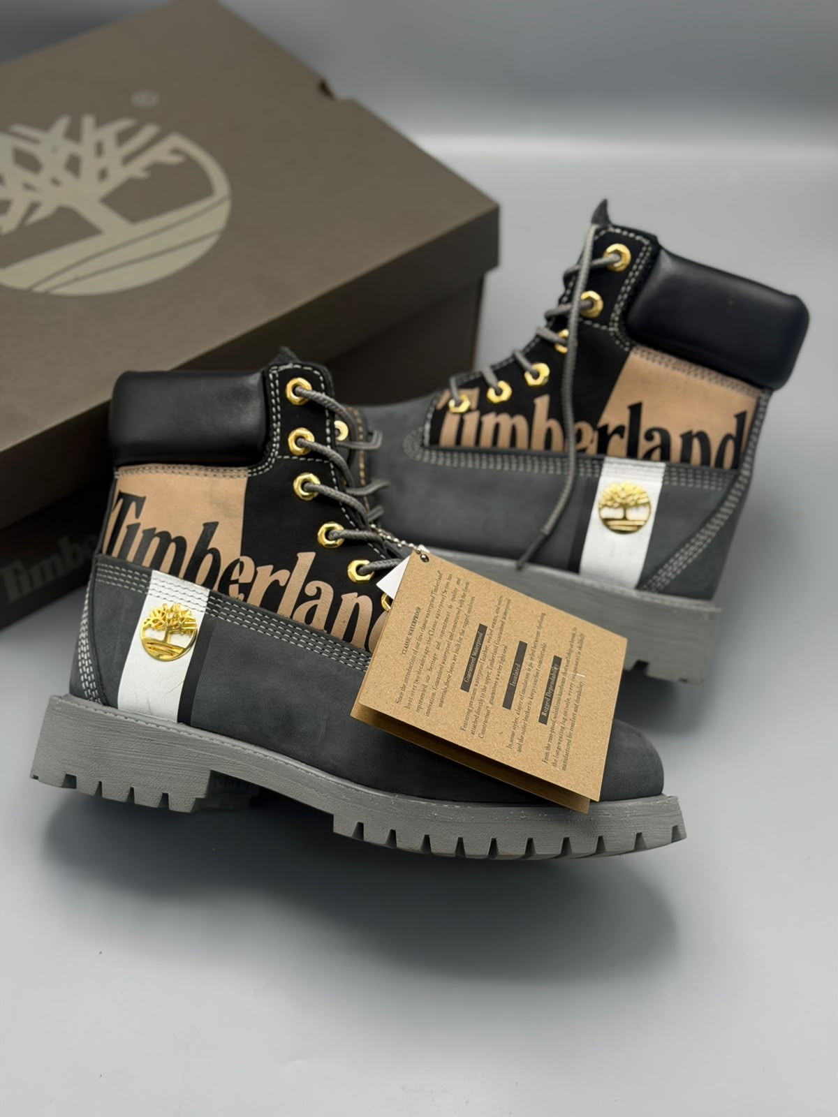 Bota Timberland Premium Logo – Negro / Gris / Blanco con Cafe