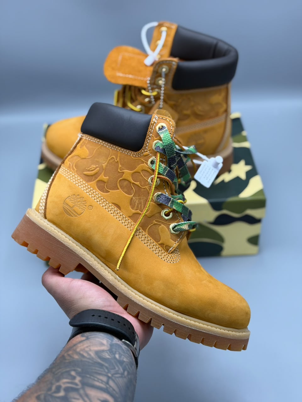 Bota Timberland x BAPE 6-Inch G5 – Amarillo Wheat / Camuflado Verde