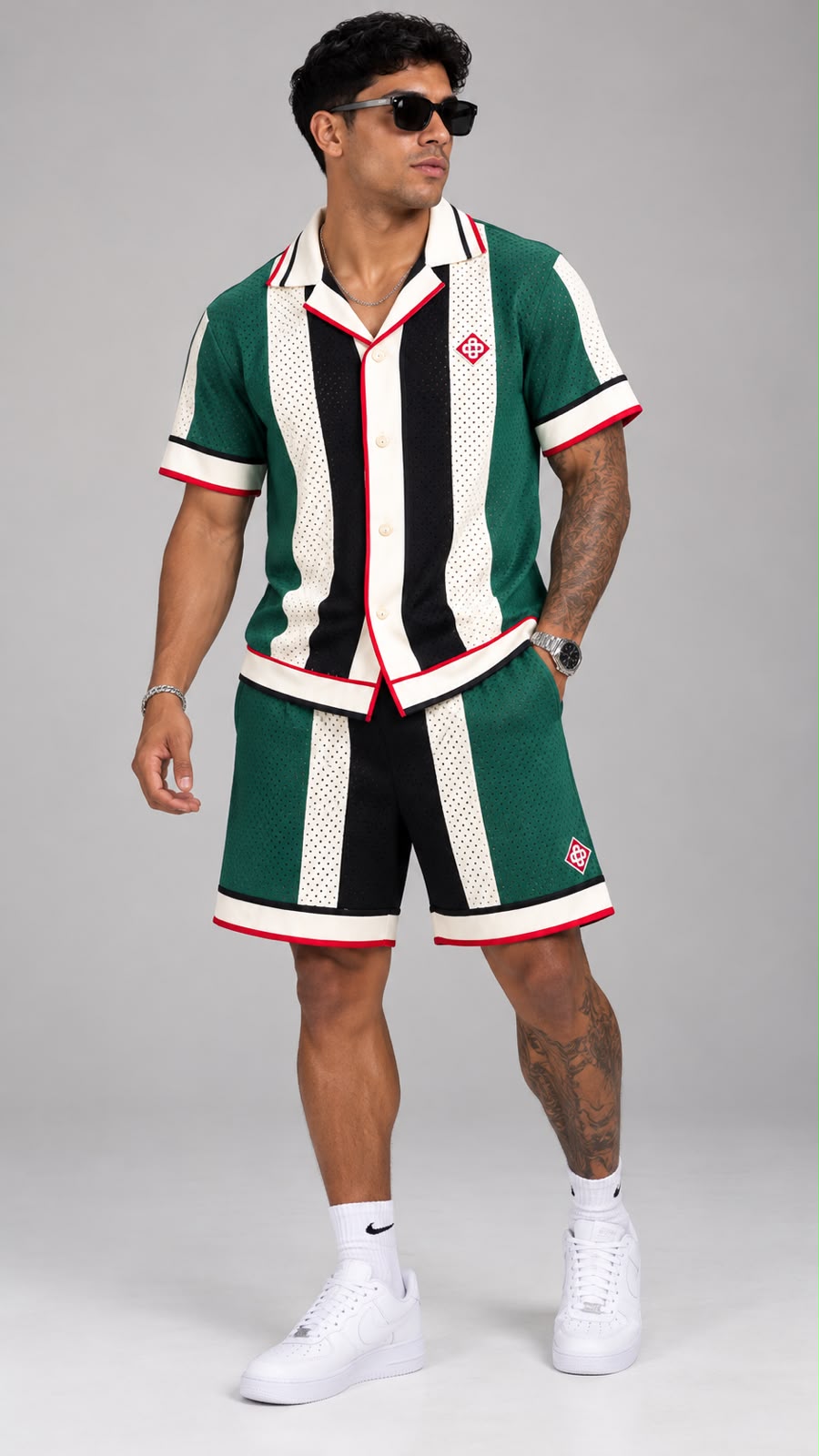 Casablanca Striped Mesh Set – Verde Esmeralda, Negro, Crema y Rojo